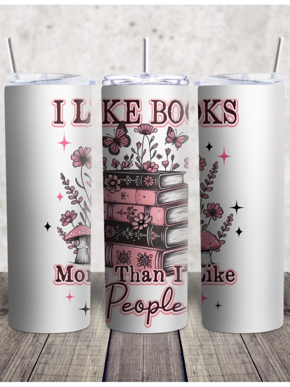 White Tumbler with Pink Floral Book Stack Design